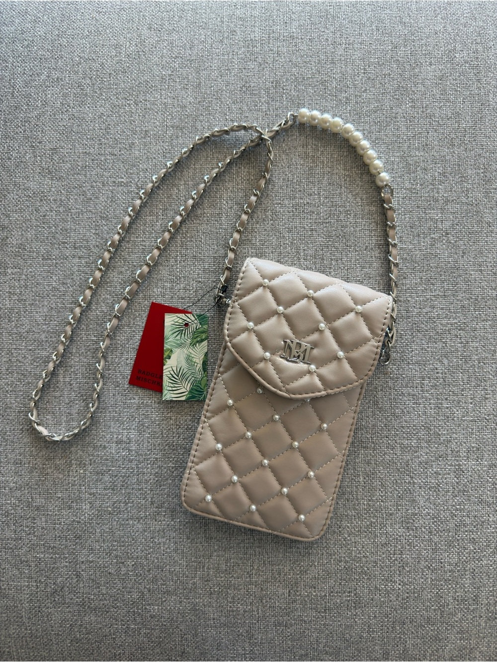 Badgley Mischka Quilted Pearl-Stud Phone Crossbody - Beige